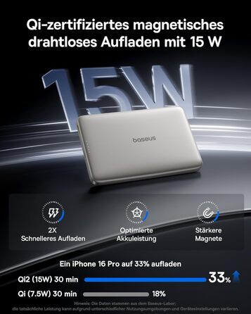 Power Bank Baseus Picogo AM41: Тонкий Qi2 Magsafe павербанк 15W, PD 27W, 10000mAh, USB-C, для iPhone 17/16/15/14/13/12 (Титановий)