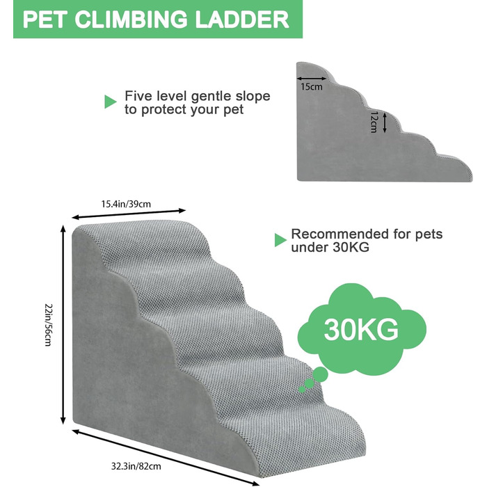 LIANTRAL Dog Stairs, 3 Steps Dog Staircase for Bed and Sofa, Made of High-Density Sponge, Cat Stairs Dog Ramp with Removable, Washable Cover and Pet Hair Remover Roller, 40 cm High (5 Steps Grey)