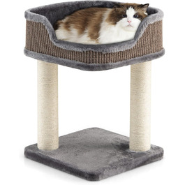 COSTWAY Cat Tree Small, Cat Tree with Large Plush Seat, Wooden Cat Scratching Post, Cat Cat Furniture Climbing Tree, Activity Tree Play Tree, Natural Sisal Tower with Scratching Posts (Gray)