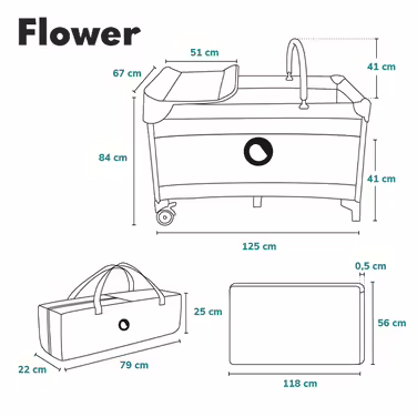 Lionelo Flower 4in1 Travel Cot Baby, Playpen Baby with Side Entrance, Changing Table, Two Mattress Suspension Heights, Play Arch with Figures, Wheels, Carry Bag 1 Piece (1 Pack) Light Grey