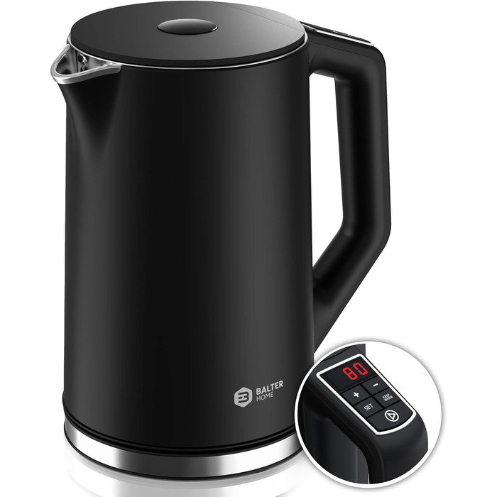 Balter Stainless Steel Electric Kettle with Temperature Control - 40°C to 100°C, Double Wall, BPA Free, 1.7L, 2200W, Quiet Kettle (D. Black)
