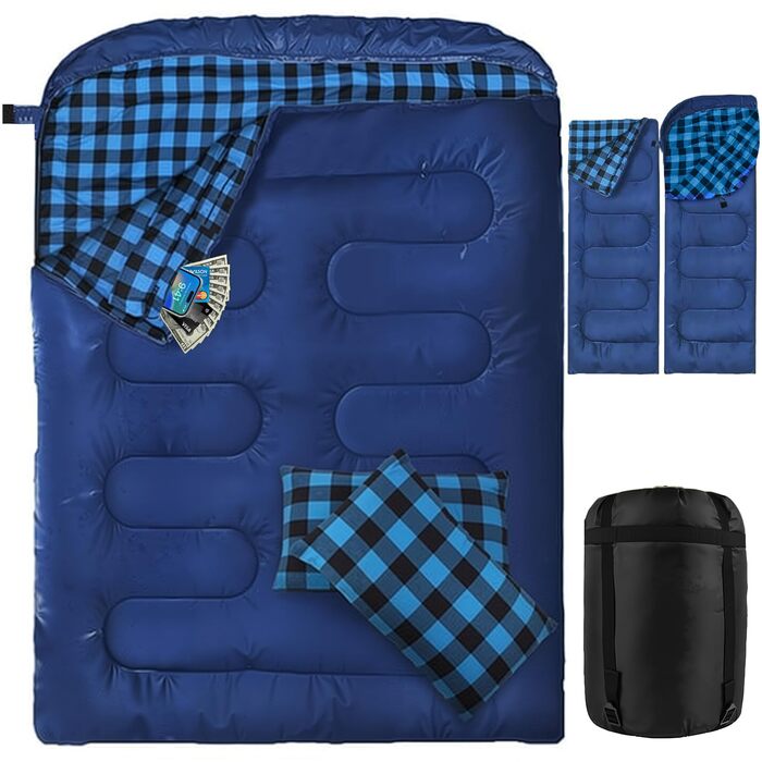 Подвійний спальний мішок з фланелі для двох дорослих, Outdoor 220x160 см, з двома подушками та сумкою для перенесення, темно-синій