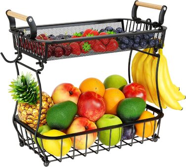 3-Tier Fruit Basket with 2 Banana Hangers for Kitchen Countertop, Vegetable Countertop, Storage Holder, Large Capacity, Metal Wire, Fruit Stand, Organizer for Onion, Snack, Black (Black-2 Tiers (with Banana Hangers))