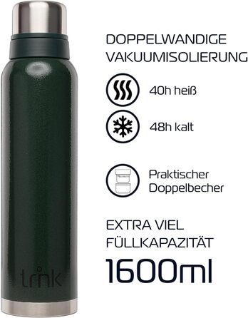 Термос Outdoor Trnk Polar 2 - 1600 мл, нержавіюча сталь, BPA-free, зберігає тепло 40 годин, з 2 стаканчиками, для посудомийної машини (зелений)