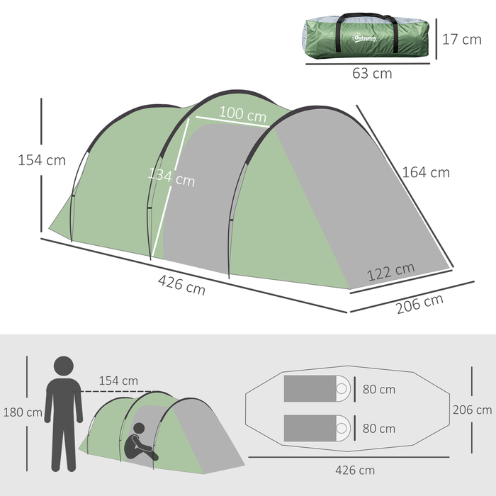 Outsunny Tunnel Tent for 2-3 People, 190T Camping Tent with Stakes, Fiberglass & Polyester, Dark Green, 426x206x154cm for Outdoor Adventures