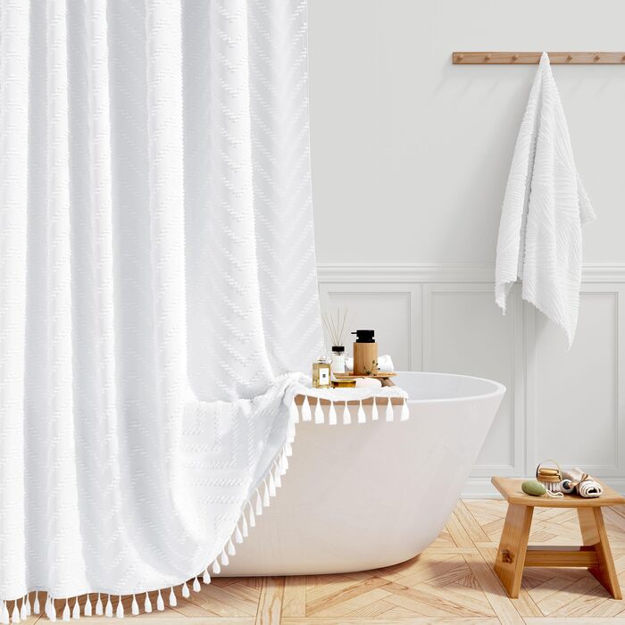 Штора для душу BTTN 180x200 см, бохо-стиль, бежева з пензликами, водонепроникна, з 12 гачками