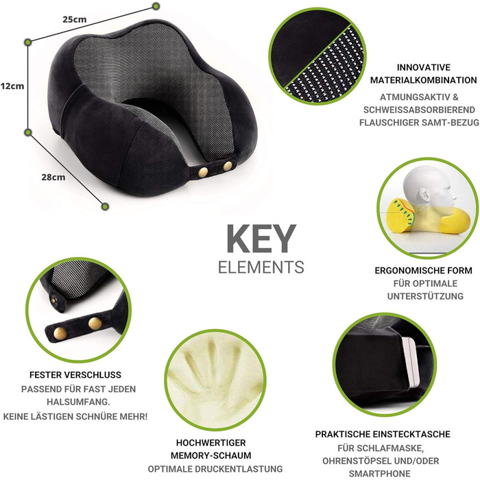 AIRTH® Преміум подушка для шиї з Memory Foam - Ергономічна підтримка шиї з знімним чохлом для максимального комфорту та відпочинку - М'яка та затишна | Чорний, 2023