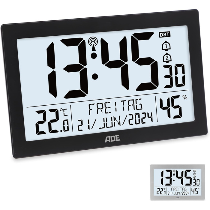 Digital Radio Clock with Large XL Display | Calendar | with Temperature Display & Hygrometer | Wall Clock | Radio Alarm Clock with 2 Alarm Times and Snooze Function | black