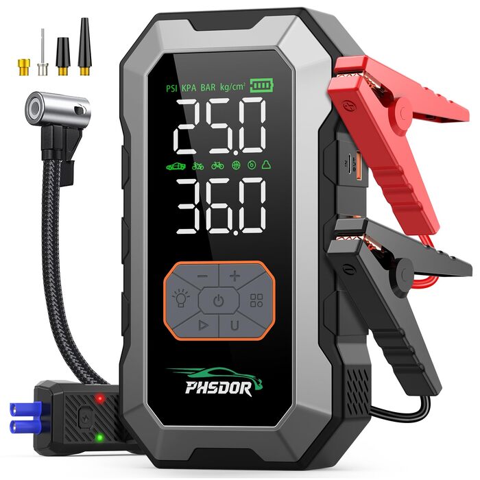 Пусковий пристрій (бустер) для авто 8000A з компресором 150 PSI та Powerbank 25000mAh, Jump Starter для бензинових та дизельних двигунів до 10.0L, з LED-ліхтарем, сріблястий