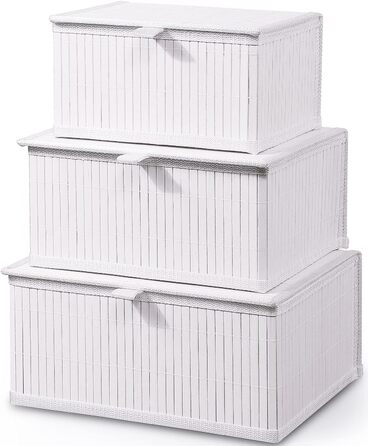 Honeycomb Storage Basket with Lid, Woven - Bamboo Decor Storage Boxes, Set of 3 Rattan Basket with Lid Woven Fabric Insert for Bathroom Kitchen Shelf Organization (Large/Medium/Small) (White)