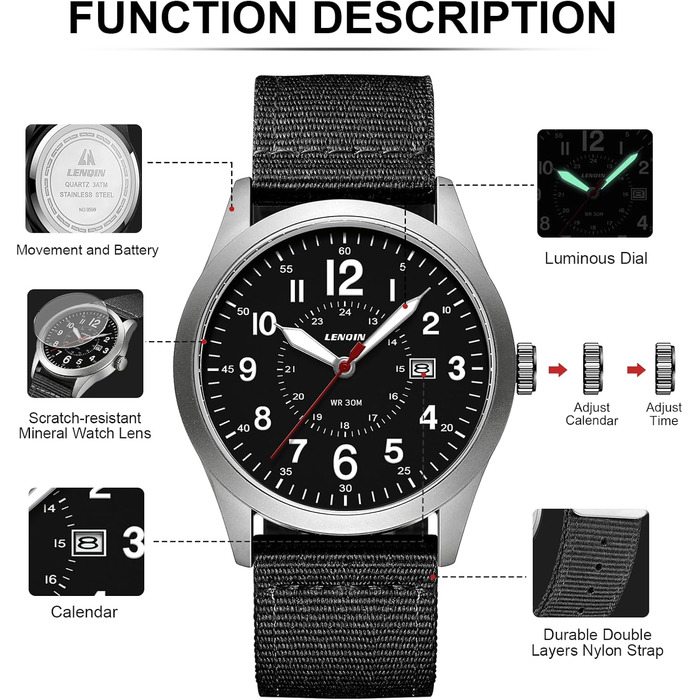 Годинник чоловічий LN LENQIN Military 30M водостійкий з датою, кварцовий, тактичний, на текстильному ремінці (чорний/сріблястий)