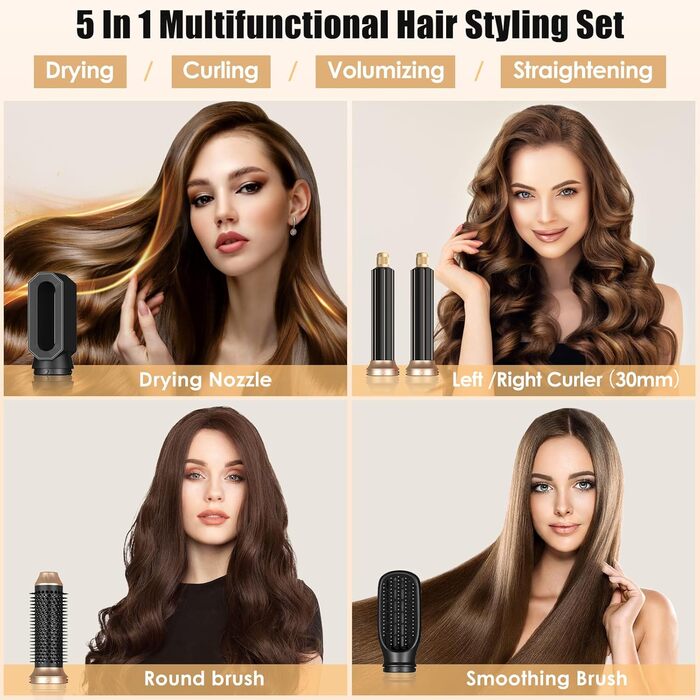 Набір для укладки Journeyside Airstyler: професійна щітка з гарячим повітрям 1000W, 5 насадок, автоматичний локонгібітор, випрямляч, для створення об'єму, локонів та випрямлення волосся, чорний