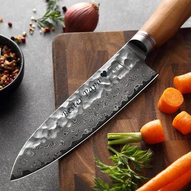 Японський ніж Zayiko Minami Premium з лезом 12 см з дамаської сталі 67 шарів, ручка з оливкового дерева, подарункова коробка | Кухонний ніж, ніж шеф-кухаря (сантоку, з гравіюванням)