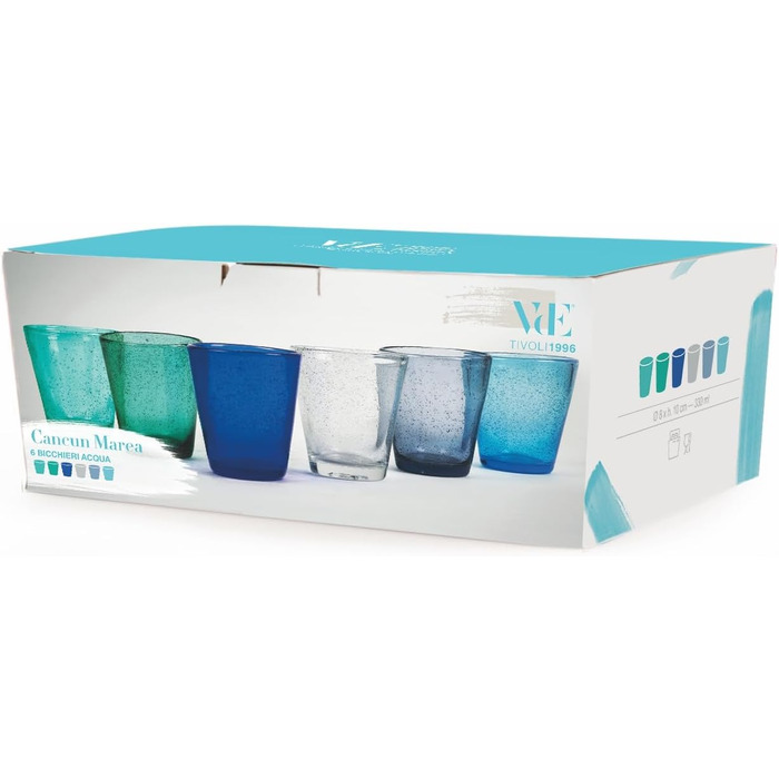 Villa d'Este Home Tivoli Cancun/Marea Set of 6 Water Glasses, 330 ml, made of hand-blown glass, with shades of blue