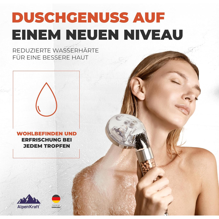 ALPENKRAFT Zugspitze Showerhead Original Made in Germany - Water-saving and pressure-enhancing showerhead - High-pressure showerhead with activated carbon and zeolite filter beads