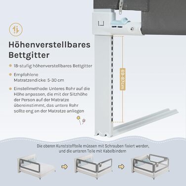 WOLTU Bed Rail, Bed Protection Rail for Children's Beds & Adult Beds, Retractable Child Bed Rail 180 cm, Fall Protection Height Adjustable 69-87 cm, Dark Grey 180cm Dark Grey