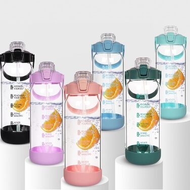2L Glass Bottle | Glass Drinking Bottle with Straw & Time Marker, Leak-Proof 2 Liter Large Glass Water Bottle for Smoothies, Carbonated Drinks Suitable, Dishwasher Safe