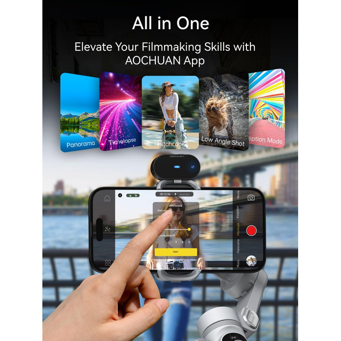 Стабілізатор для смартфона AOCHUAN 3-осьовий з RGB-підсвічуванням, для iPhone/Android, з функцією відстеження обличчя, сірий (Smart X Pro AI)