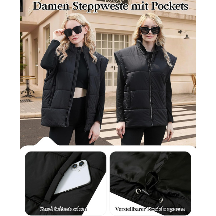 Жіноча степкова жилетка з коміром-стійкою, без рукавів, тепла на осінь-зиму, для активного відпочинку, чорна, S-XXL