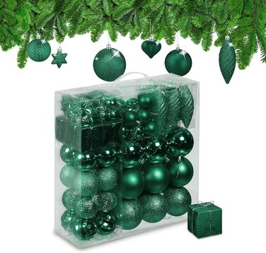 Набір прикрас для ялинки Relaxdays 110 шт., пластик, темно-зелений. Ялинкові кулі та гірлянди для декору.