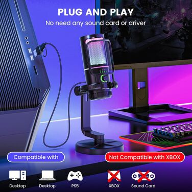 Мікрофон геймерський SINWE з шумозаглушенням, USB для ПК, PS4, стрімінгу, подкастів. З поп-фільтром, тримачем, швидким вимкненням звуку та RGB підсвіткою
