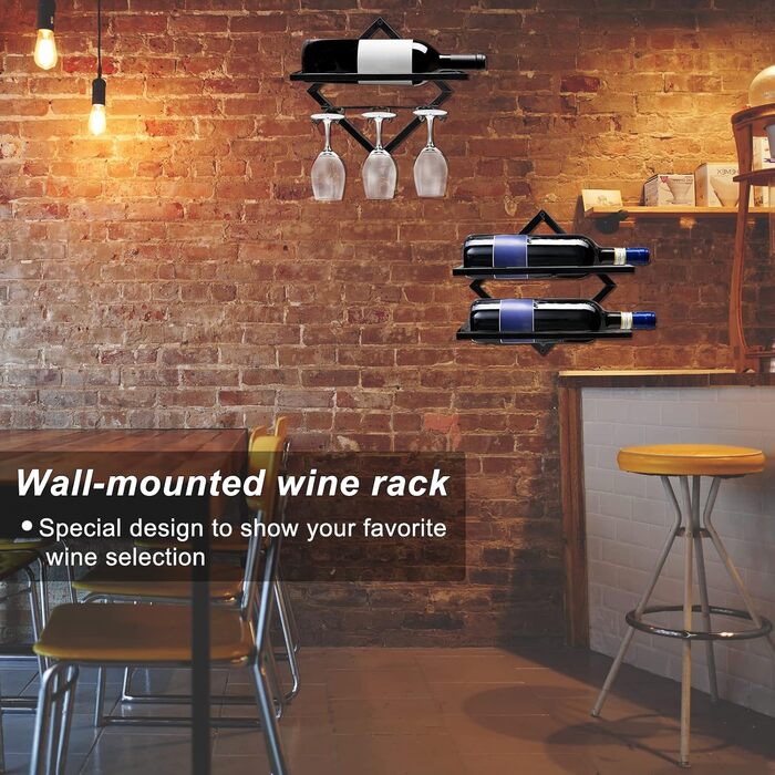 2pcs Metal Wall Mounted Wine Rack Stemware Glass Rack, Foldable Wall Hanging Red Wine Shelf Organizer with 3 Stem Glass Holders, Black Wine Bottle Hanger for Home Kitchen Bar Wall Decor