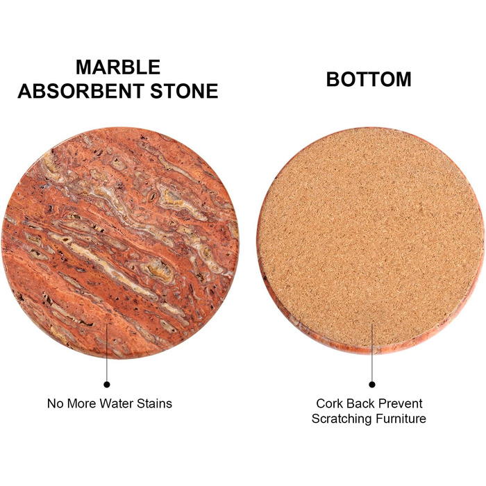 HAMAKAWA Genuine Natural Marble Coasters, Set of 4, Red Stone Coasters Φ10cm, Modern Round Travertine Drink Coasters for Home Decoration, Coffee Table, Office