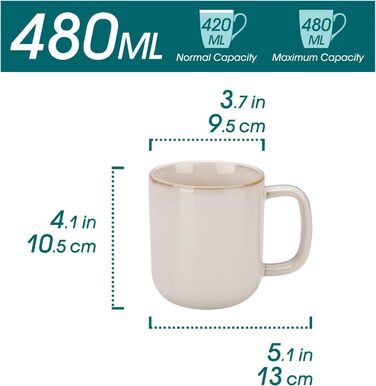 Набір кавових чашок Vancasso PLAYA, 6 шт, 480 мл, з ручкою, з кераміки, для мікрохвильовки та посудомийної машини, бежевий