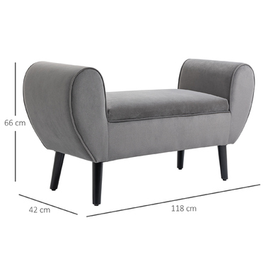 HOMCOM Bench Grey Modern Storage Chest Bench with Soft Polyester and Rubber Wood with Armrests 118x42x66cm for Entryway and Living Room