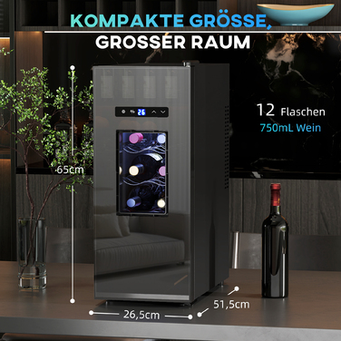 HOMCOM 12-Bottle Wine Refrigerator 30L 8-18℃ Thermoelectric Double-Layered Bottle Cooler with Glass Door, Beverage Cooler with LED Light, Small Wine Cabinet with Touch Screen Black | Aosom