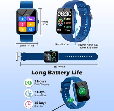 Дитячий розумний годинник-фітнес-трекер Kinder з 1.83' HD екраном, крокоміром, IP68 водонепроникністю, 120 спортивними режимами, монітором сну та будильником для дітей 5-16 років (блакитний)