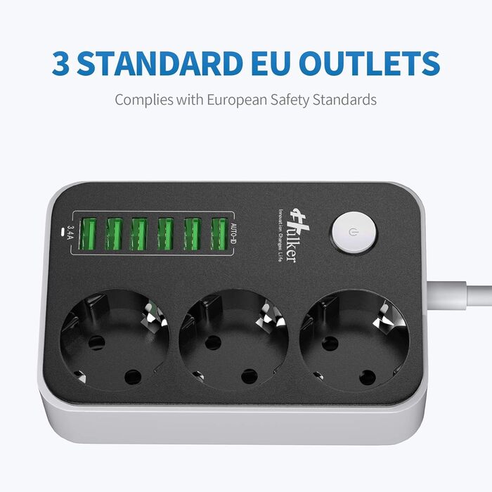 Багаторозкладна мережева панель HULKER з 3 розетками та 6 USB-портами, захист від перенапруги, 1.6 м, універсальна