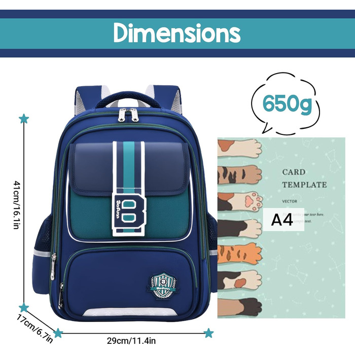 Шкільний рюкзак для хлопчика IvyH, 2-5 клас, 20 літрів, ергономічний, водонепроникний, для початкової школи, 8-12 років (темно-синій, зелений)