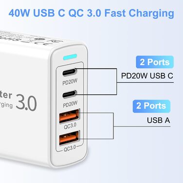 Мережевий зарядний пристрій USB C на 4 порти, 40W, з USB-A, для iPhone 16/15/14/13/12 та смартфонів