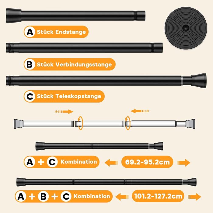 Тelescopic штанга для карниза без свердління 120-200 см - для штор, душових перегородок, вікон, ванної кімнати. Нержавіюча сталь, регульована клямка.