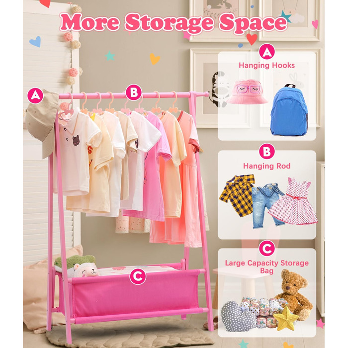 Relquorax Bamboo Children's Clothes Rack with Storage Bag and Clothes Rail, Dress-up Stand, Small Wardrobe Rack, for Costumes in Children's Rooms (Pink)