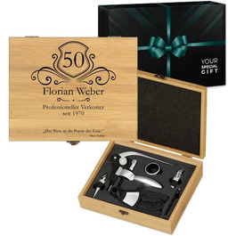 Maverton Wine Opener Set Personalized Wine Set Sommelier Set - Gift Box Wooden Box + 6-Piece Wine Accessory Set - Made of Bamboo - Brown - Birthday Gift for Men - Professional Taster