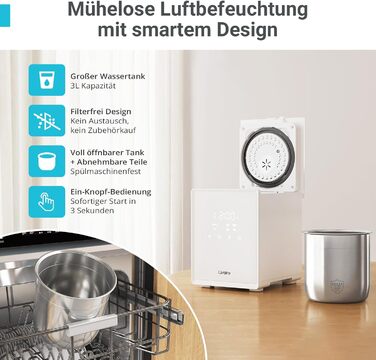Зволожувач повітря для спальні та вітальні з верхнім заповненням, 3л, нержавіюча сталь, теплий туман, знищує 99,97% бактерій, з режимом сну, білий