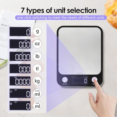 Кухонні ваги Muaket 1г/10кг з великою платформою 17,5x15см, електронні, з тарою, 7 одиниць вимірювання, для продуктів, овочів, фруктів