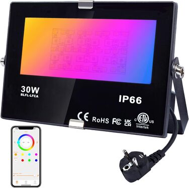 DUSKTEC LED Floodlight Outdoor RGB, Colorful Floodlight 80W, Dimmable Outdoor Floodlight with APP, Outdoor Bluetooth Floodlight with Plug Color Changing Warm White, Tree Floodlight IP66 Waterproof for Garden (30 Watts, 1)