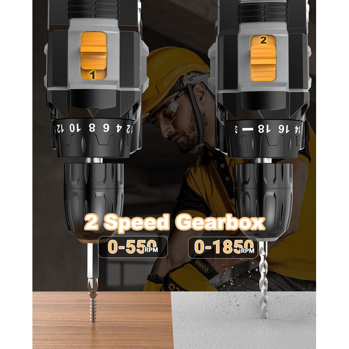 Акумуляторний шуруповерт LEEIKOO 21V, 42N.m, 2.0Ah, 10mm, 18+1, 20шт, LED, сірий