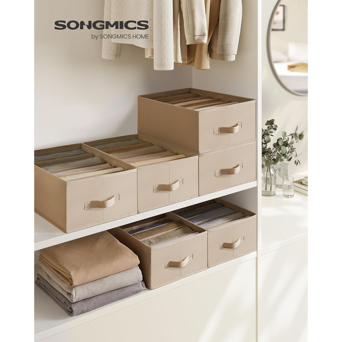 SONGMICS Closet Organizer 6-Piece Set, Storage Box with 6 Compartments, Drawer Organization System, Folding Storage Boxes, 42 x 30 x 17 cm, for Pants, Clothes, RUS009G03 (Sand Beige)