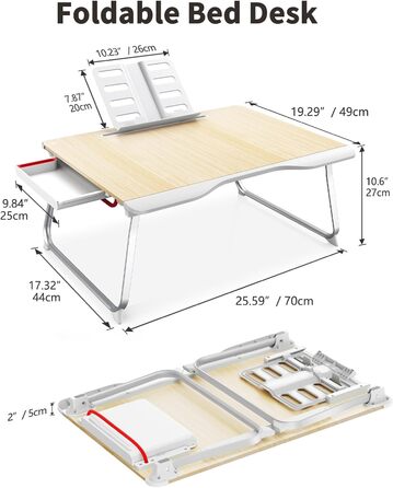 SAIJI Розкладний столик для ноутбука та планшета XXL з ящиком та підставкою для книг/телефону (65 x 49 x 30 см, Тік)