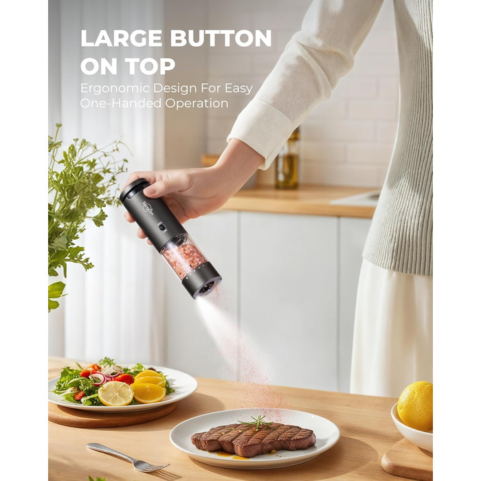 Sangcon Electric Salt and Pepper Grinder, 2 Speed Settings, 6 Grind Settings, Automatic Pepper Grinder with USB Charging Station, One-Handed Grinding (Space Grey)