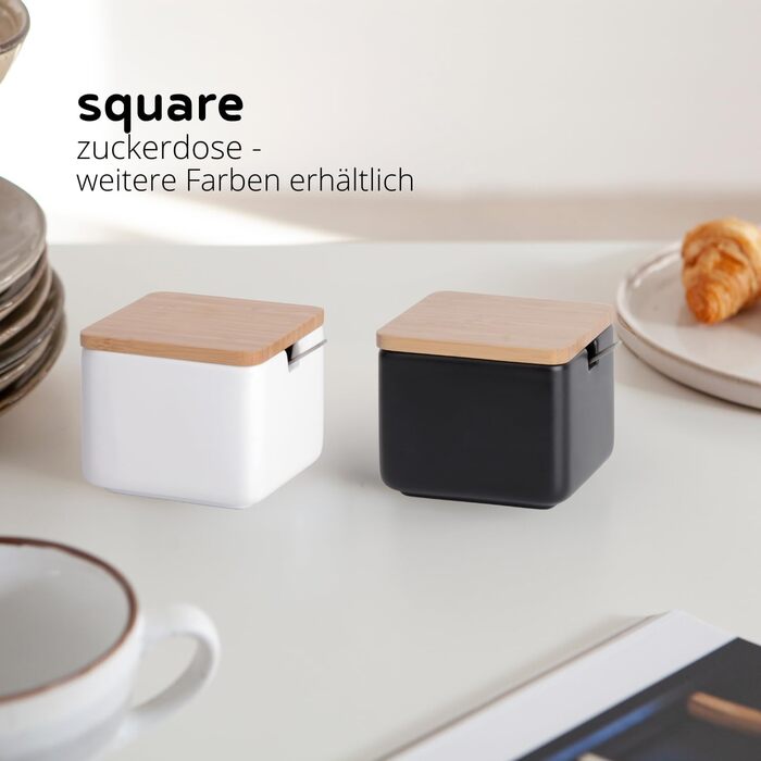 Керамічна цукерниця з ложкою та кришкою з бамбука - цукерниця для дому та кухні, сучасна куляста форма, для цукру, сиру, спецій, 10 x 10 x 9 см (білий круглий) (білий квадрат)