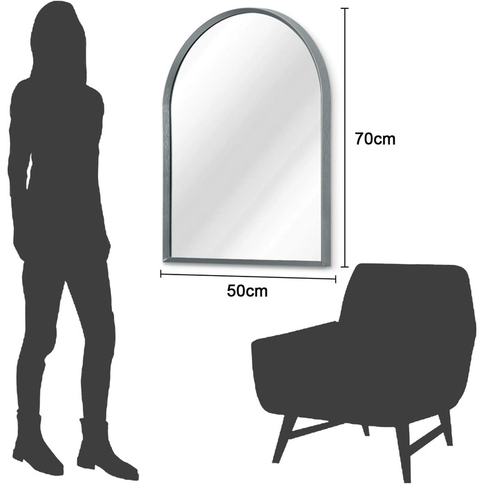 Дзеркало настінне з вигнутим склом, 45x65 см, сірий металевий каркас, для ванної кімнати/вітальні/спальні