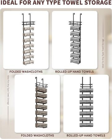 Настінний тримач для рушників у ванну кімнату, без свердління, 6-ярусна полиця для рушників над дверима, багаторівневий органайзер для рушників на двері, для складання (Чорний, 8 ярусів)
