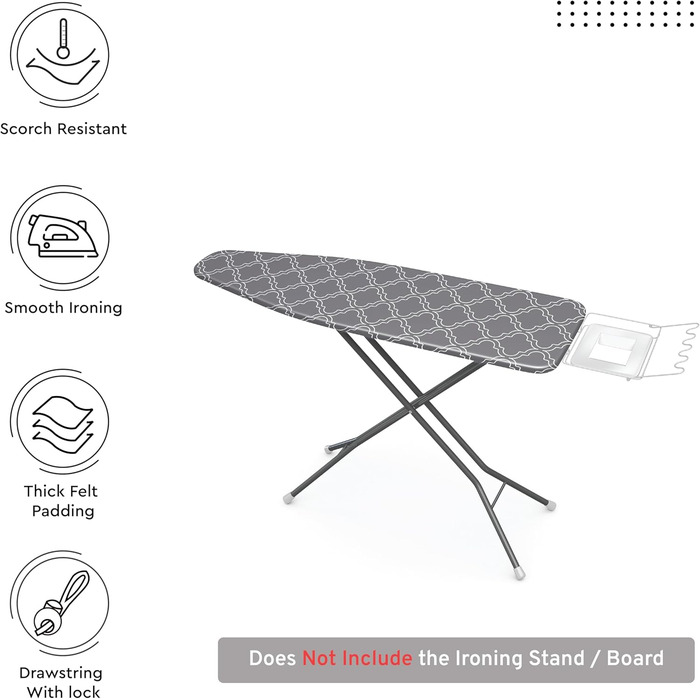 Чохол для прасувального столу Encasa XO з фетровою підкладкою 1 мм, посилений шнуром (підходить для стандартних прасувальних столів розміром 112x34 см), з тепловідбиваючим покриттям, з принтом - Сірі плитки M Сірі плитки