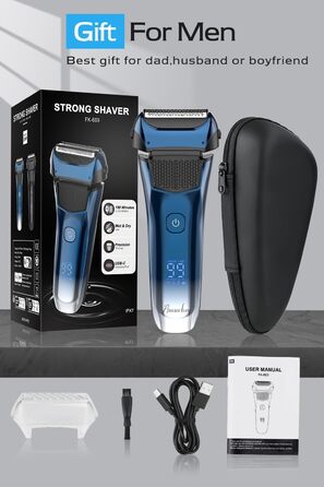 Електрична бритва чоловіча з 3 гнучкими лезами та тримером, синя. Бритва для вологого та сухого гоління, з кейсом для подорожей, акумуляторна, 120 хв роботи. Подарунок для чоловіків