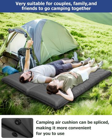 Tixexo Self-Inflating Sleeping Pad - Camping Air Mattress with Foot Pump - 13cm Thick, Spliceable, Outdoor Hiking & Camping Cushion - Grey